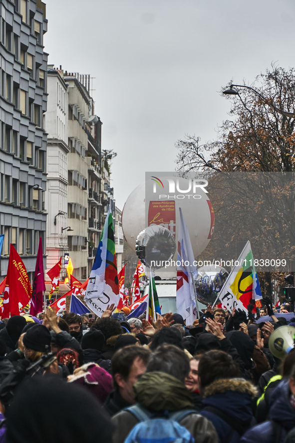 A procession of the demonstration takes place, in Paris, France, on december 05, 2024. ( Tony Linke/NurPhoto)