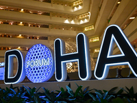 The Doha Forum logo is inside the Sheraton Grand Doha Resort & Convention Hotel in Doha, Qatar, on December 5, 2024, ahead of the 22nd editi...