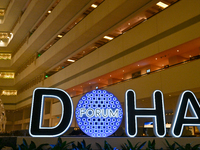 The Doha Forum logo is inside the Sheraton Grand Doha Resort & Convention Hotel in Doha, Qatar, on December 5, 2024, ahead of the 22nd editi...