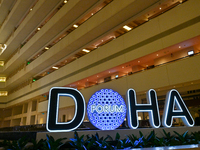 The Doha Forum logo is inside the Sheraton Grand Doha Resort & Convention Hotel in Doha, Qatar, on December 5, 2024, ahead of the 22nd editi...