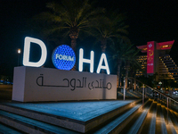 The Doha Forum logo is outside the Sheraton Grand Doha Resort & Convention Hotel ahead of the 22nd edition of the Doha Forum in Doha, Qatar,...