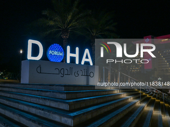 The Doha Forum logo is outside the Sheraton Grand Doha Resort & Convention Hotel ahead of the 22nd edition of the Doha Forum in Doha, Qatar,...