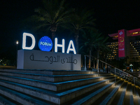 The Doha Forum logo is outside the Sheraton Grand Doha Resort & Convention Hotel ahead of the 22nd edition of the Doha Forum in Doha, Qatar,...