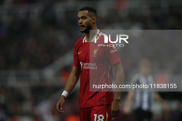 Liverpool's Cody Gakpo participates in the Premier League match between Newcastle United and Liverpool at St. James's Park in Newcastle, Uni...