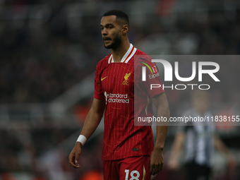 Liverpool's Cody Gakpo participates in the Premier League match between Newcastle United and Liverpool at St. James's Park in Newcastle, Uni...