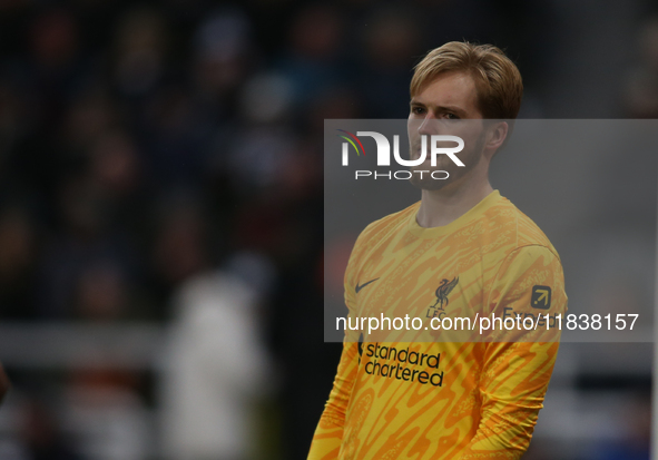 Liverpool goalkeeper Caoimhin Kelleher participates in the Premier League match between Newcastle United and Liverpool at St. James's Park i...