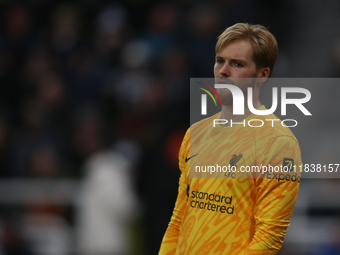 Liverpool goalkeeper Caoimhin Kelleher participates in the Premier League match between Newcastle United and Liverpool at St. James's Park i...