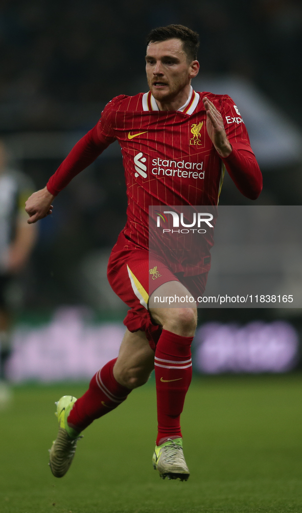 Liverpool's Andrew Robertson participates in the Premier League match between Newcastle United and Liverpool at St. James's Park in Newcastl...