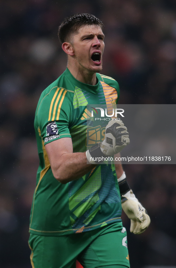 Newcastle United goalkeeper Nick Pope celebrates a goal during the Premier League match between Newcastle United and Liverpool at St. James'...