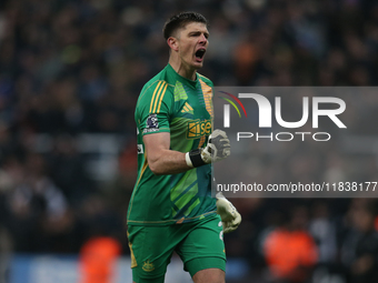 Newcastle United goalkeeper Nick Pope celebrates a goal during the Premier League match between Newcastle United and Liverpool at St. James'...