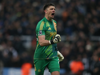 Newcastle United goalkeeper Nick Pope celebrates a goal during the Premier League match between Newcastle United and Liverpool at St. James'...