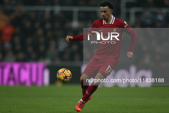 Liverpool's Curtis Jones participates in the Premier League match between Newcastle United and Liverpool at St. James's Park in Newcastle, U...