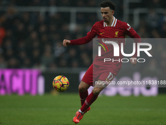 Liverpool's Curtis Jones participates in the Premier League match between Newcastle United and Liverpool at St. James's Park in Newcastle, U...