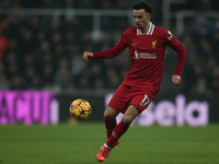 Liverpool's Curtis Jones participates in the Premier League match between Newcastle United and Liverpool at St. James's Park in Newcastle, U...