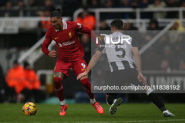 Liverpool's Darwin Nunez takes on Newcastle United's Fabian Schar during the Premier League match between Newcastle United and Liverpool at...