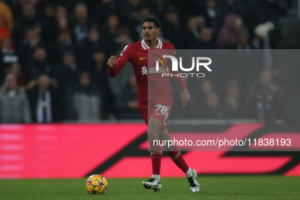 Liverpool's Jarell Quansah participates in the Premier League match between Newcastle United and Liverpool at St. James's Park in Newcastle,...