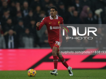 Liverpool's Jarell Quansah participates in the Premier League match between Newcastle United and Liverpool at St. James's Park in Newcastle,...