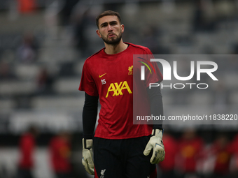 Liverpool goalkeeper Harvey Davies participates in the Premier League match between Newcastle United and Liverpool at St. James's Park in Ne...