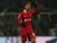 Liverpool's Alexis Mac Allister reacts to a foul during the Premier League match between Newcastle United and Liverpool at St. James's Park...