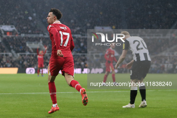 Liverpool's Curtis Jones celebrates his goal during the Premier League match between Newcastle United and Liverpool at St. James's Park in N...