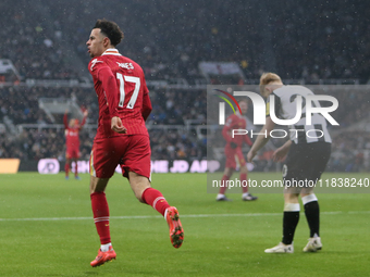 Liverpool's Curtis Jones celebrates his goal during the Premier League match between Newcastle United and Liverpool at St. James's Park in N...