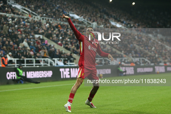 Trent Alexander-Arnold celebrates Liverpool's second goal during the Premier League match between Newcastle United and Liverpool at St. Jame...