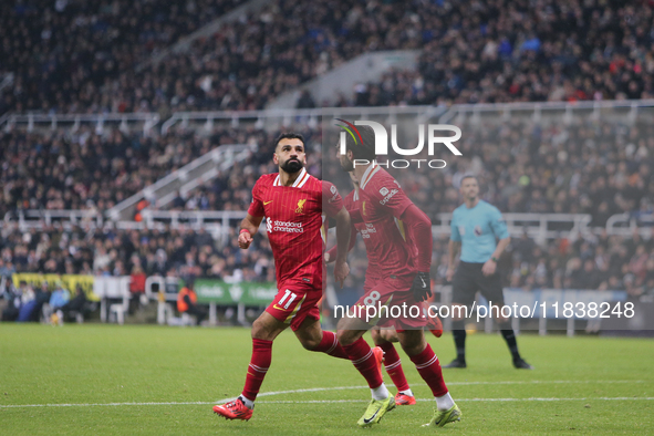 Mohamed Salah celebrates Liverpool's second goal during the Premier League match between Newcastle United and Liverpool at St. James's Park...