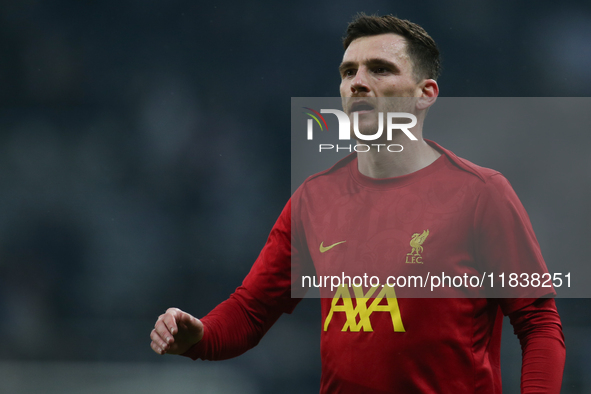 Liverpool's Andrew Robertson participates in the Premier League match between Newcastle United and Liverpool at St. James's Park in Newcastl...