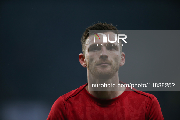 Liverpool's Andrew Robertson participates in the Premier League match between Newcastle United and Liverpool at St. James's Park in Newcastl...