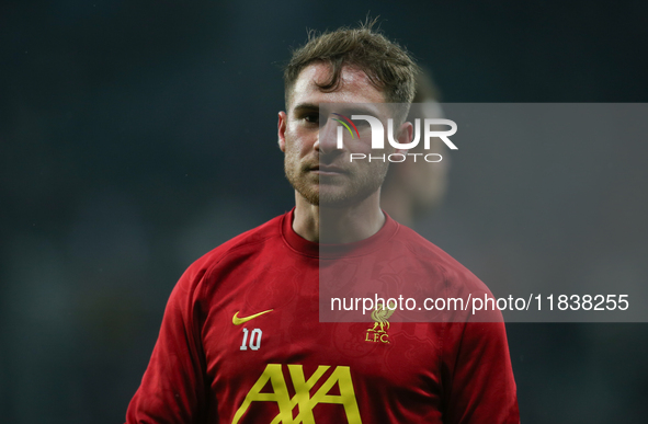 Liverpool's Alexis Mac Allister plays during the Premier League match between Newcastle United and Liverpool at St. James's Park in Newcastl...