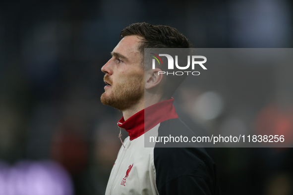 Liverpool's Andrew Robertson participates in the Premier League match between Newcastle United and Liverpool at St. James's Park in Newcastl...