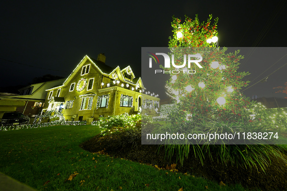 Holiday lights and decorations adorn a home in the Dyker Heights section of Brooklyn, N.Y., on December 4, 2024. Dyker Heights is well-known...