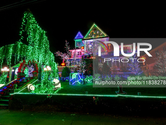 Holiday lights and decorations adorn a home in the Dyker Heights section of Brooklyn, N.Y., on December 4, 2024. Dyker Heights is well-known...