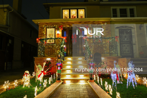 Holiday lights and decorations adorn a home in the Dyker Heights section of Brooklyn, N.Y., on December 4, 2024. Dyker Heights is well-known...