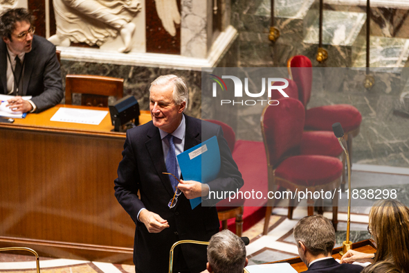 French Prime Minister Michel Barnier is seen during the questions to the government session at the National Assembly in Paris, France, on Ap...