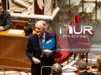 French Prime Minister Michel Barnier is seen during the questions to the government session at the National Assembly in Paris, France, on Ap...