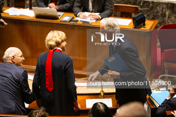 French Prime Minister Michel Barnier is seen during the questions to the government session at the National Assembly in Paris, France, on Ap...