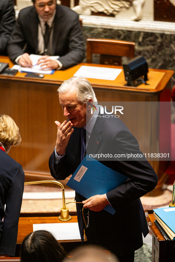 French Prime Minister Michel Barnier is seen during the questions to the government session at the National Assembly in Paris, France, on Ap...