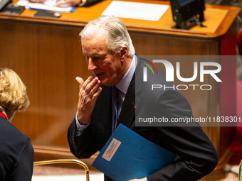 French Prime Minister Michel Barnier is seen during the questions to the government session at the National Assembly in Paris, France, on Ap...