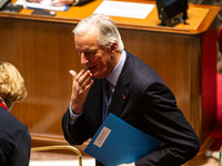 French Prime Minister Michel Barnier is seen during the questions to the government session at the National Assembly in Paris, France, on Ap...