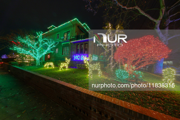 Holiday lights and decorations adorn a home in the Dyker Heights section of Brooklyn, N.Y., on December 4, 2024. Dyker Heights is well-known...