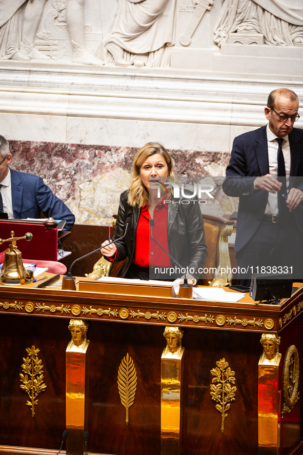 Yael Braun-Pivet, president of the French National Assembly, is seen during the session of questions to the government at the National Assem...