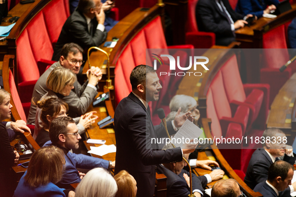 Ian Boucard, deputy of the Droite Republicaine group, speaks during the session of questions to the government at the National Assembly in P...