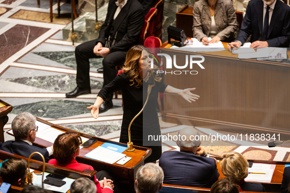 Maud Bregeon, French government spokesperson, speaks during the session of questions to the government at the National Assembly in Paris, Fr...