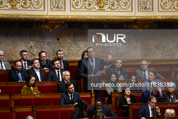 Francois Jolivet, deputy of the Horizons et Independants group, speaks during the session of questions to the government at the National Ass...