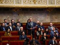 Francois Jolivet, deputy of the Horizons et Independants group, speaks during the session of questions to the government at the National Ass...