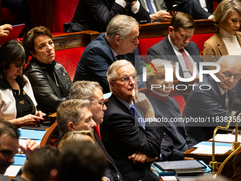 French Prime Minister Michel Barnier is seen during the questions to the government session at the National Assembly in Paris, France, on Ap...