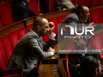 Manuel Bompard (L) and Gabriel Amard (R), deputies of the La France Insoumise - Nouveau Front Populaire group, are seen during the questions...