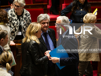 French Prime Minister Michel Barnier and Yael Braun-Pivet, president of the French National Assembly, dialogue at the end of the session of...