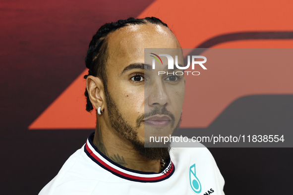 Lewis Hamilton of Mercedes during press conference ahead of the Formula 1 Abu Dhabi Grand Prix at Yas Marina Circuit in Abu Dhabi, United Ar...